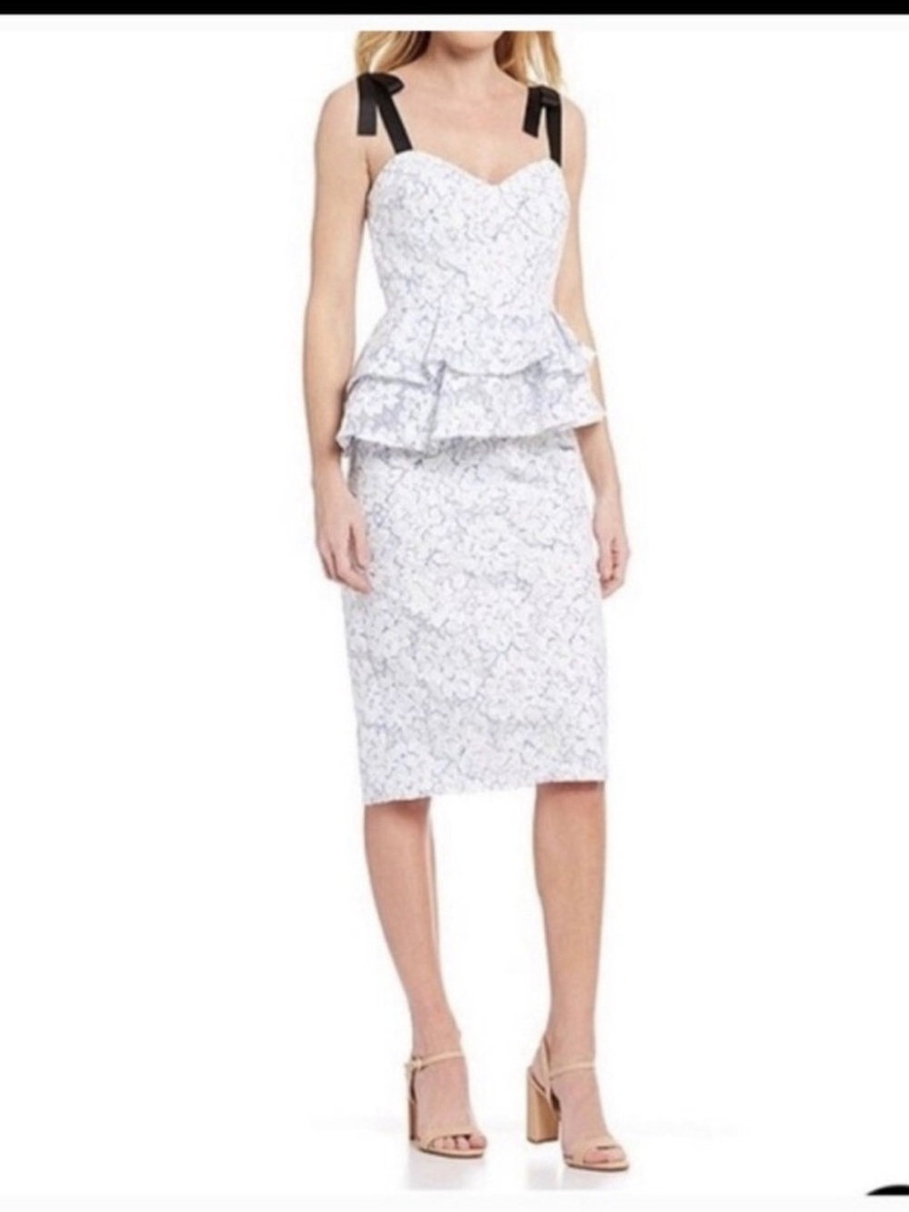 Gianni Bini White Lace Peplum Midi Dress with Black Shoulder Ties